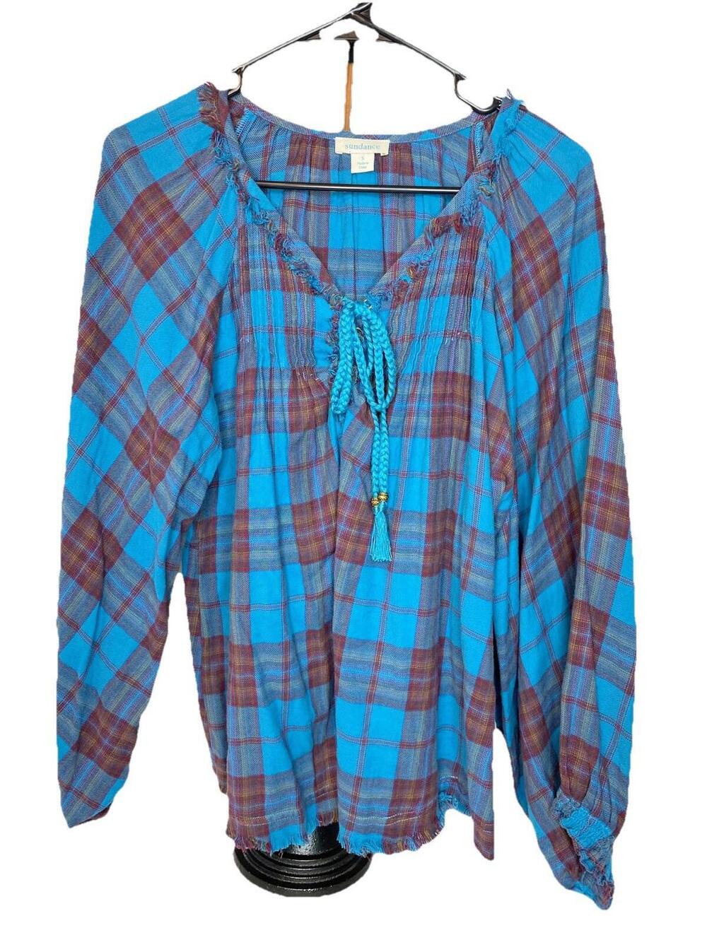 Sundance Catalog Plaid Boho Braided Tassel Shirt Balloon Sleeve Size Small